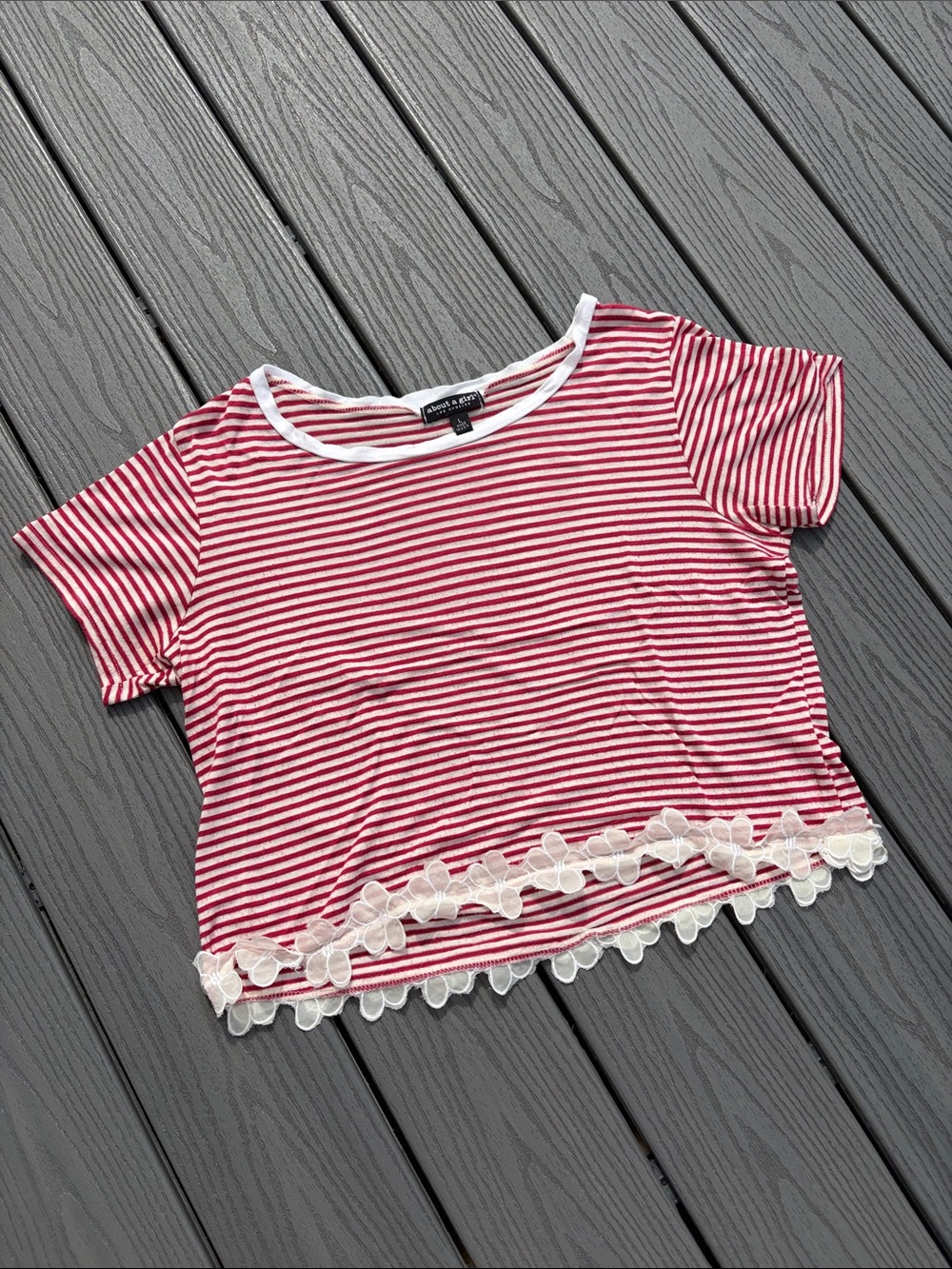 Red & White Striped Crew Neck Top with Flower Border